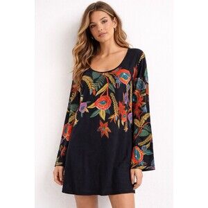 Radzoli Floral Tunic Dress Top Black Multicolor Long Sleeve Women Small Bohemian